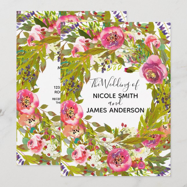Invitación Boda de Flores Florales Rosa de Verdor Primavera (Anverso / Reverso)