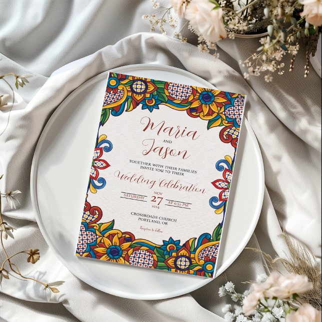 Invitación Boda de flores folclóricas florales de México (Mexican Colorful Floral Folk Art Flowers Wedding Invitation)