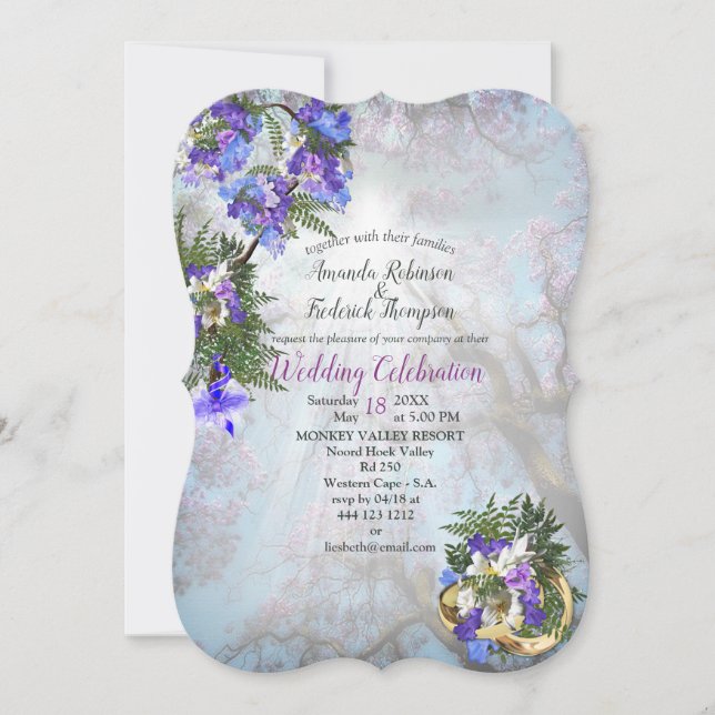 Invitación Boda de Flores Geométricas de Oro y Jacaranda (Anverso)