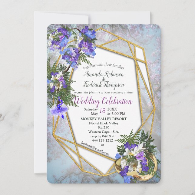 Invitación Boda de Flores Geométricas de Oro y Jacaranda (Anverso)