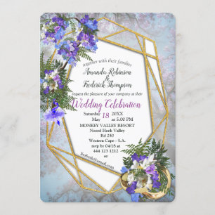 Invitación Boda de Flores Geométricas de Oro y Jacaranda