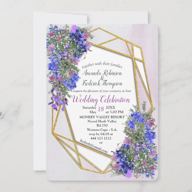 Invitación Boda de Flores Geométricas de Oro y Lavanda (Anverso)