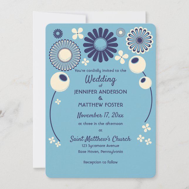 Invitación Boda de flores geométricas modernas de azul y crem (Anverso)