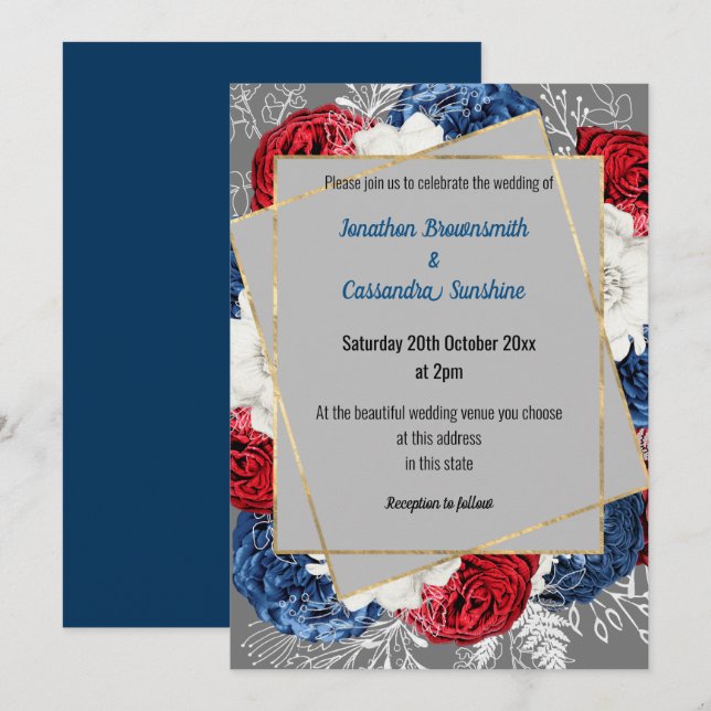 Invitación Boda DE FLORES GRIS GRIS ROJO SIMPLE Y MODERNO (Anverso / Reverso)