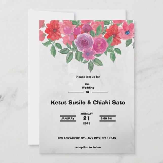 Invitación Boda De Flores Gris Y Rojas (Anverso)