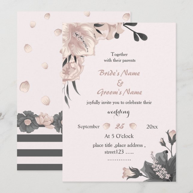 Invitación boda de flores grises oscuras rosa y polvorientas  (Anverso / Reverso)