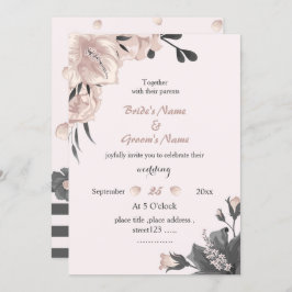 Invitación boda de flores grises oscuras rosa y polvorientas