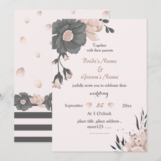 Invitación boda de flores grises oscuras rosadas y polvorient (Anverso / Reverso)