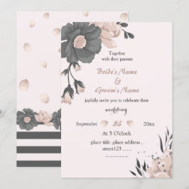 Invitación boda de flores grises oscuras rosadas y polvorient