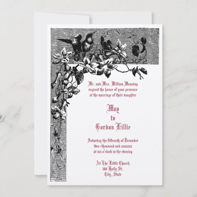 Invitación Boda de flores Hummingbird Pair de la era victoria (Anverso)