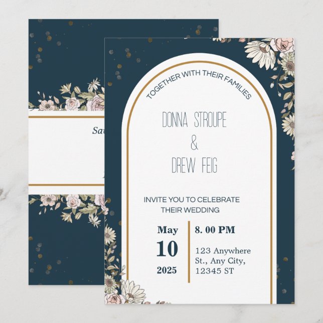 Invitación Boda de flores ilustradas azul y crema de la marin (Anverso / Reverso)