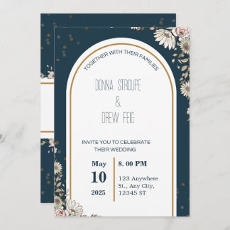 Invitación Boda de flores ilustradas azul y crema de la marin