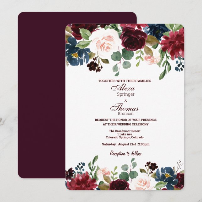 Invitación Boda de Flores Inglesas Borgoña y Azul (Anverso / Reverso)