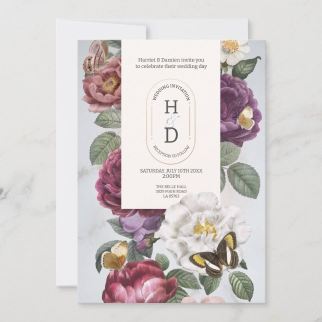 Invitación Boda de flores modernas de mariposa florece verano (Anverso)