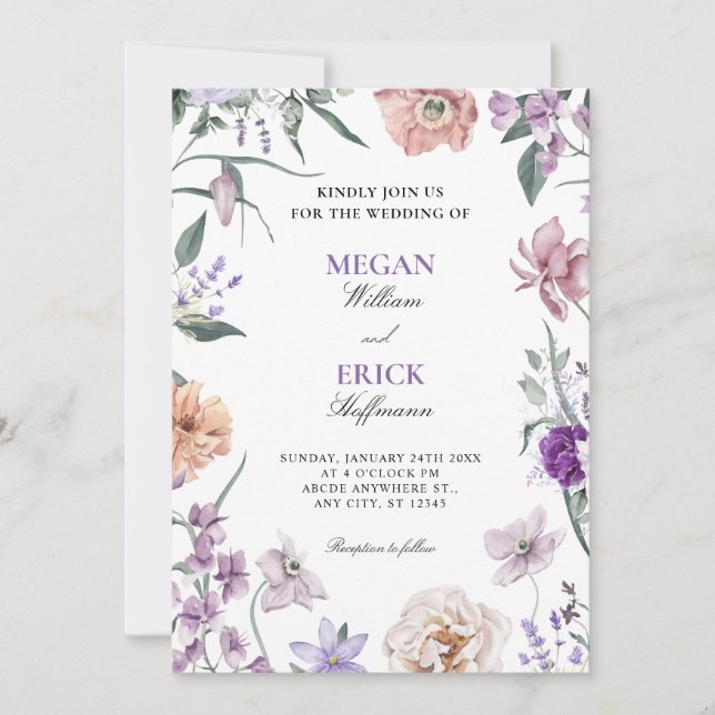 Invitación Boda de flores moradas (Anverso)