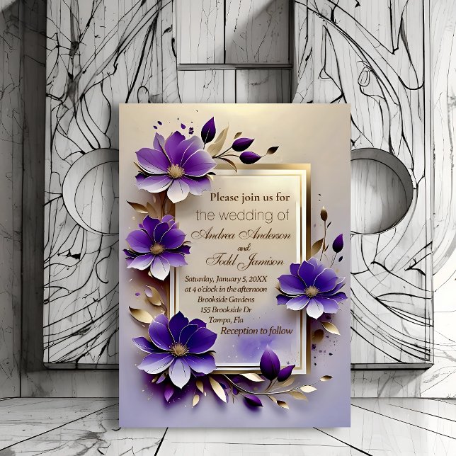 Invitación Boda de flores moradas de hoja de oro (Subido por el creador)