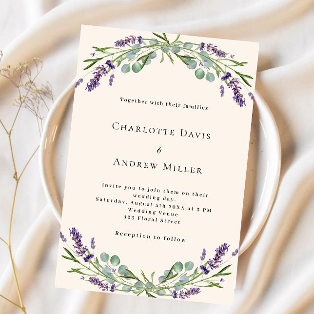 Invitación Boda de flores moradas de lavanda beige (Subido por el creador)