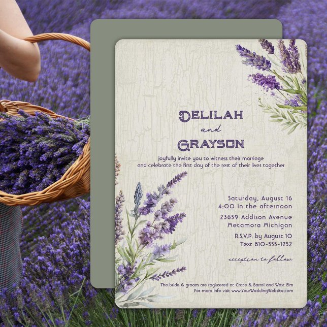 Invitación Boda de flores moradas de lavanda rústica (Lavender and Sage invitation for your casual wedding.)