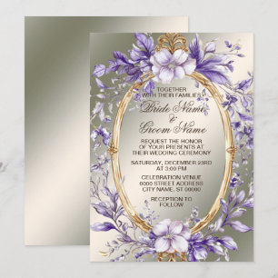 Invitación Boda de flores moradas del marco dorado de color d