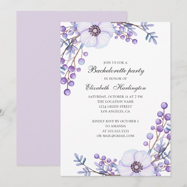Invitación Boda de flores moradas. Fiesta de soltera floral (Anverso / Reverso)