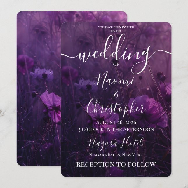 Invitación Boda de flores moradas oscuras personalizadas (Anverso / Reverso)