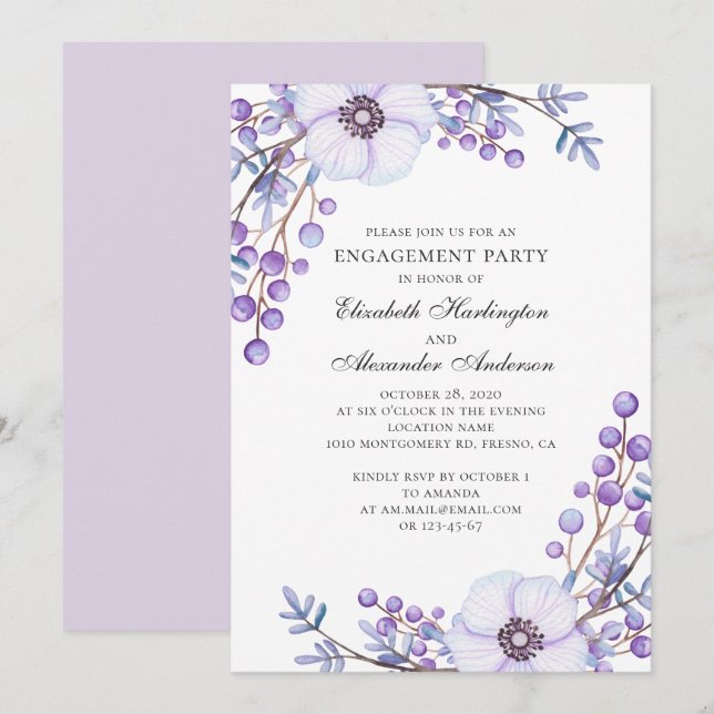 Invitación Boda de flores moradas. Partido de compromiso flor (Anverso / Reverso)