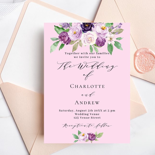 Invitación Boda de flores moradas rosadas con vegetación y gu (Subido por el creador)