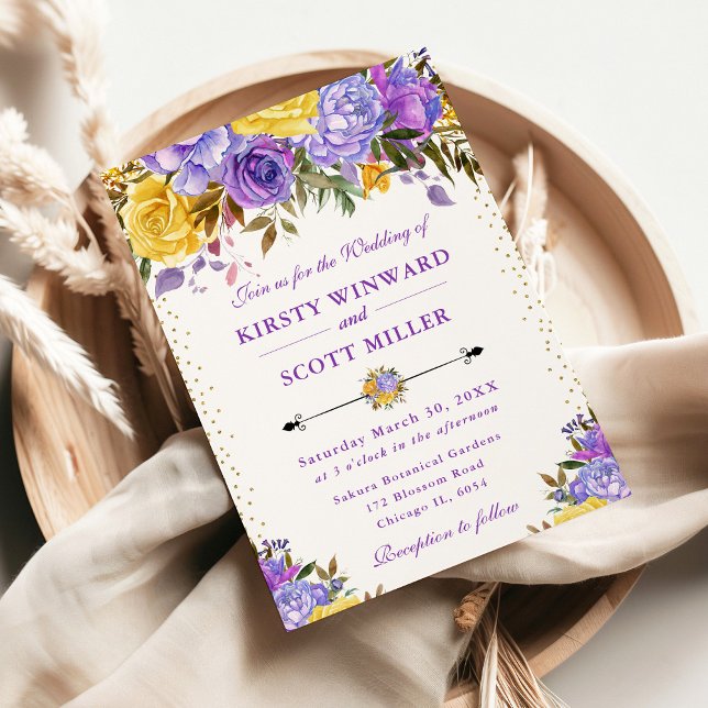 Invitación Boda de flores moradas y amarillas acuarelas (Subido por el creador)