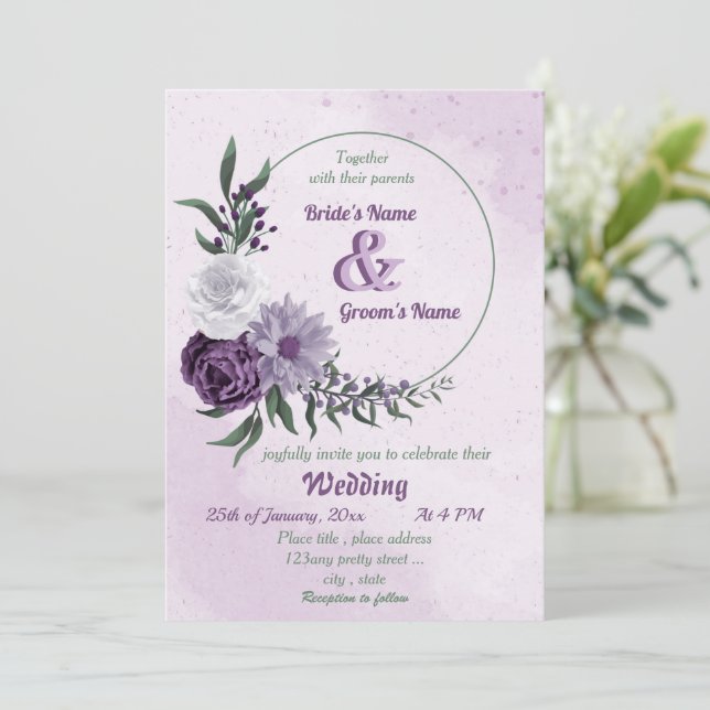 Invitación boda de flores moradas y blancas (Anverso de pie)