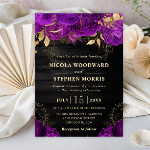 Invitación Boda de Flores Moradas y Doradas con Acuarela Rúst