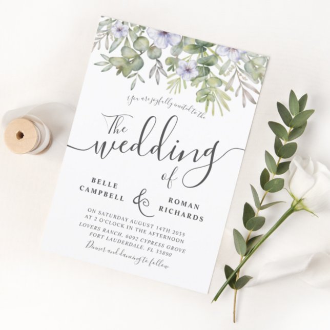Invitación Boda de flores moradas y eucalipto rústico (Subido por el creador)