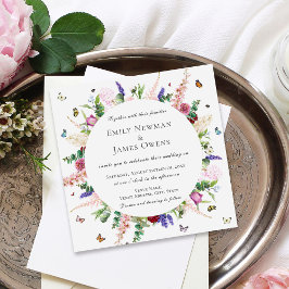 Invitación Boda de flores moradas y mariposas rosadas