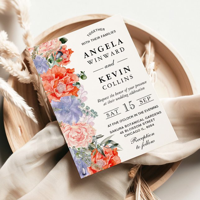 Invitación Boda de flores moradas y Naranjas acuarelas (Subido por el creador)