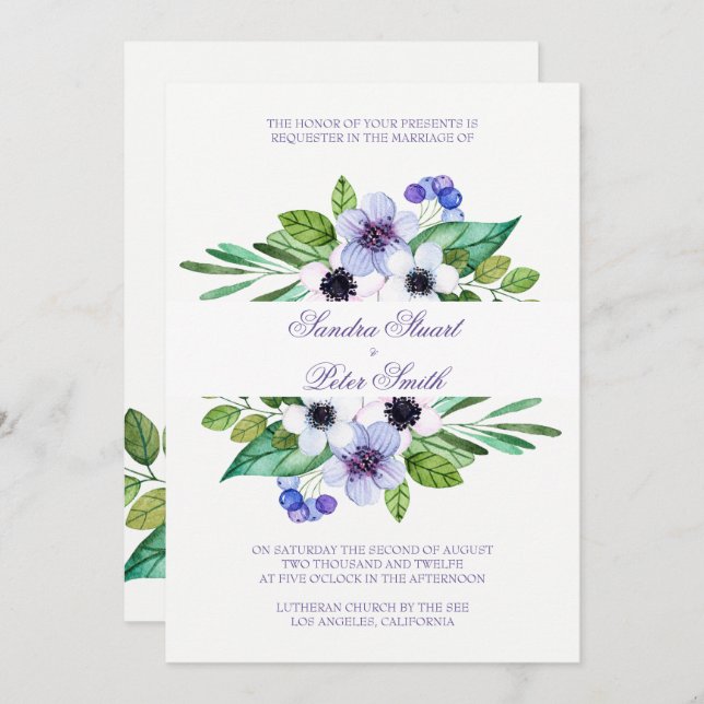 Invitación Boda de flores moradas y rosadas lisas (Anverso / Reverso)