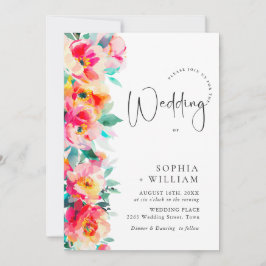 Invitación Boda de flores naranja rosa brillante acuarela