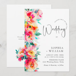 Invitación Boda de flores naranja rosa brillante acuarela