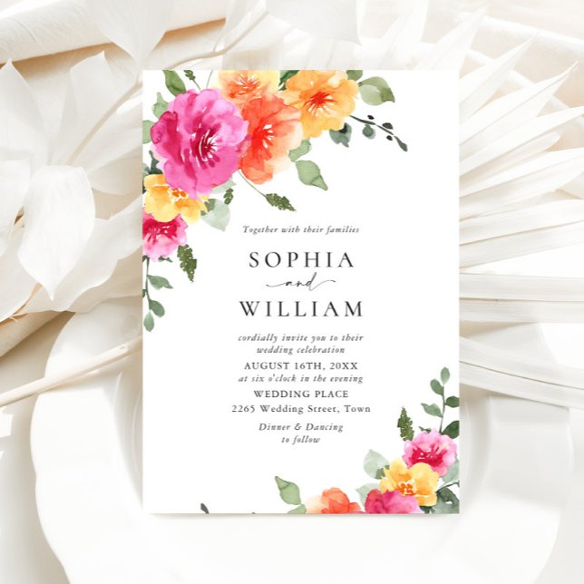 Invitación Boda de flores Naranjas rosadas brillantes (Subido por el creador)