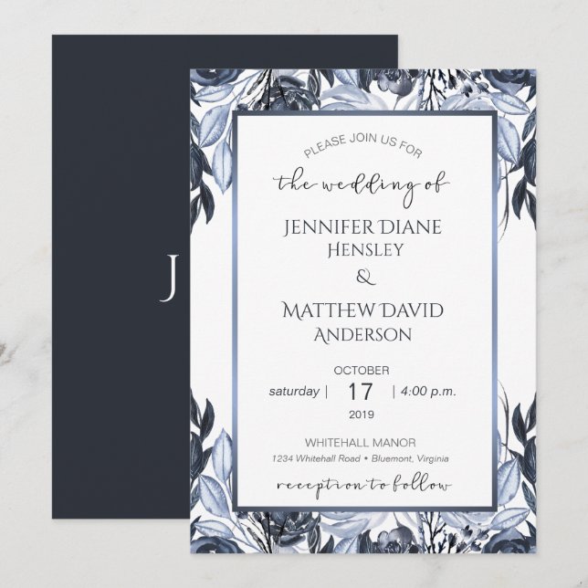 Invitación Boda de flores naturales negras y blancas | (Anverso / Reverso)