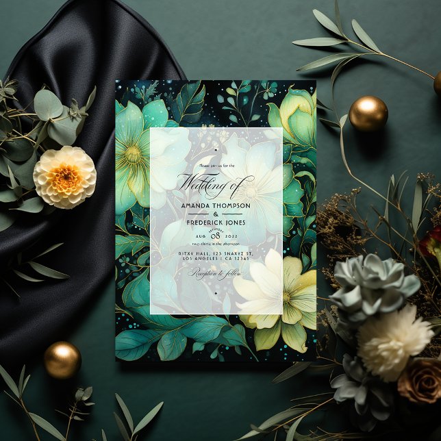 Invitación Boda de flores negras, oro y verde esmeralda (Subido por el creador)