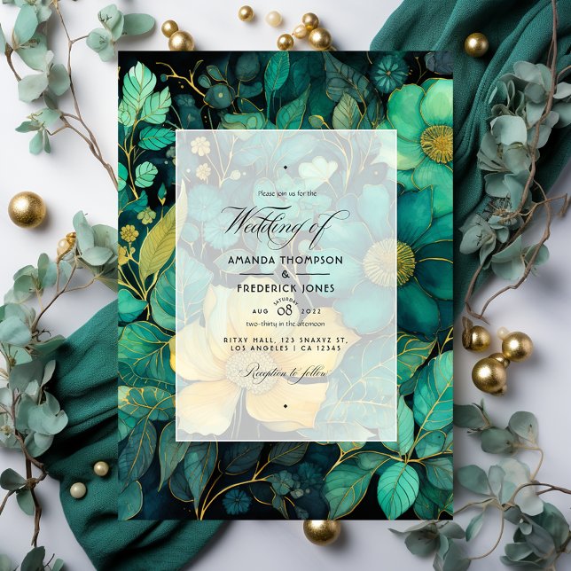 Invitación Boda de flores negras, oro y verde esmeralda (Subido por el creador)