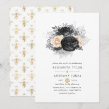Boda de flores negras y doradas vintage con abejas