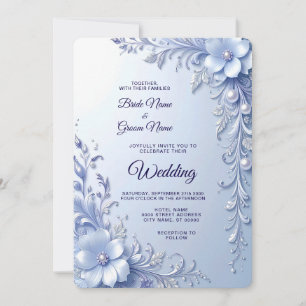 Invitación Boda de Flores Ornamentadas Azules con Perlas
