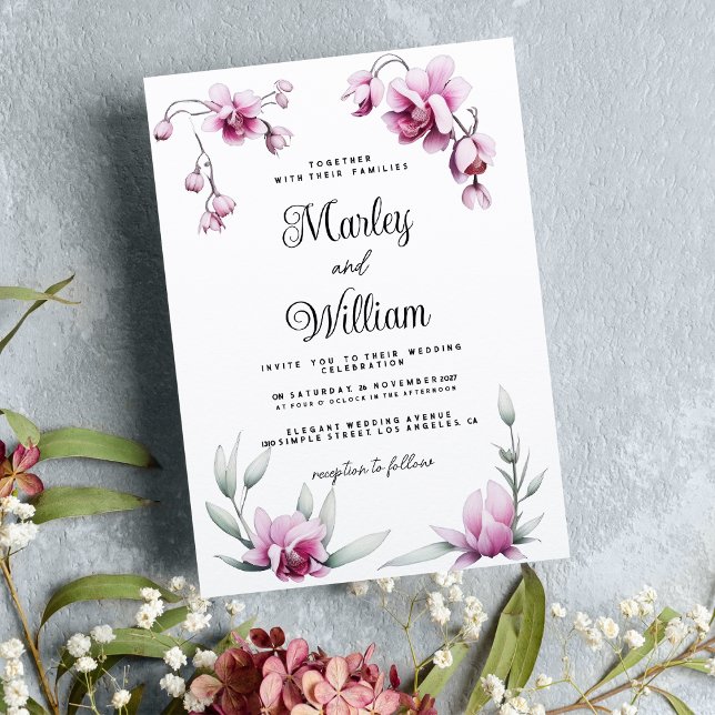Invitación Boda de flores orquídea rosa elegante y burdeos (Burgundy pink elegant orchid floral Wedding)