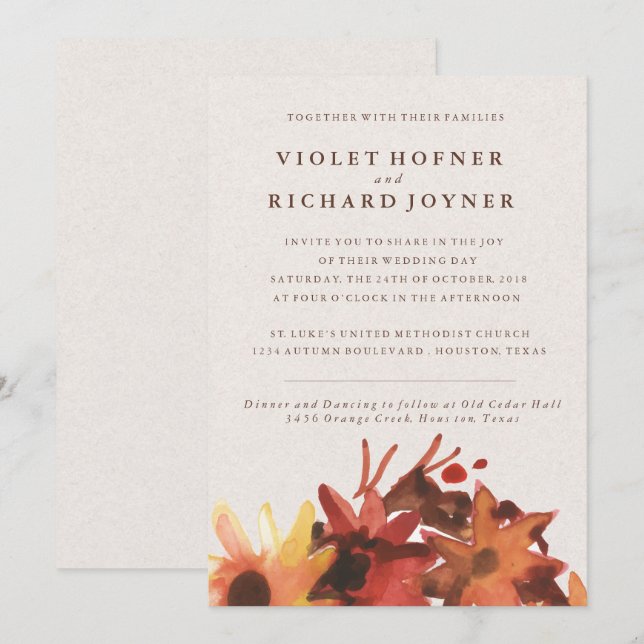 Invitación Boda de flores otoño/otoño (Anverso / Reverso)