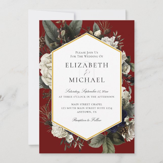 Invitación Boda de Flores Pintadas en el Bouquet Borgoña (Anverso)