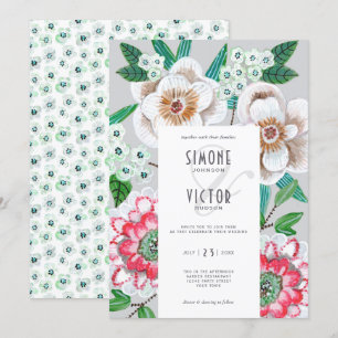 Invitación Boda de flores pintadas modernas grises y rosadas