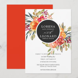 Invitación Boda de flores pintadas monograma naranja
