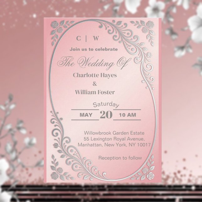 Invitación Boda de flores plateadas con brillo metálico rosa  (Blush Pink Metallic Glitter Silver Florals Wedding Invitation)