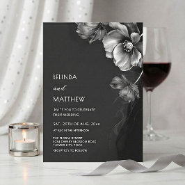 Invitación Boda de flores plateadas, negras y blancas