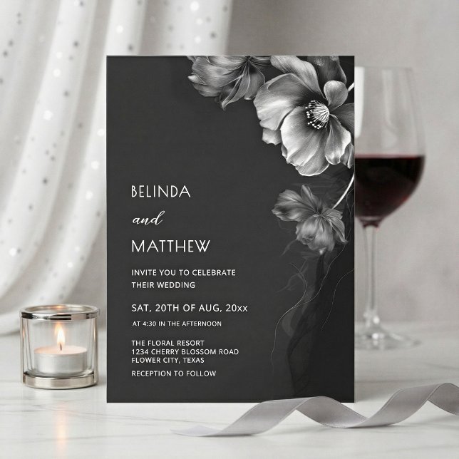 Invitación Boda de flores plateadas, negras y blancas  (Subido por el creador)
